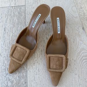 Manolo Blahnik Maysale Camel Mules